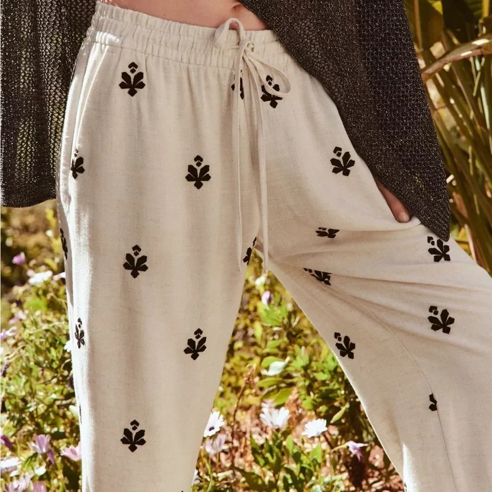 Zara Embroidered Wide Leg Pants New